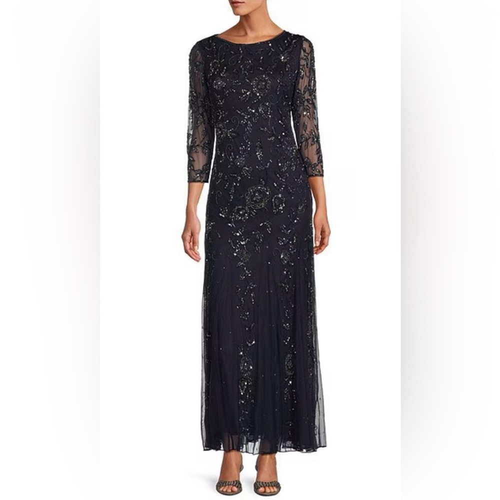 Pisarro Nights Navy 3/4 Sleeve A-Line Gown - Picture 3 of 6